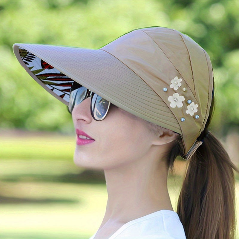 Wide Brim Sun Visor Foldable Picnic Hat Beach UV Protection Scallop Cap For Outdoor With Faux Pearl & Flower; Women's Hat & Caps Doba 3# Khaki